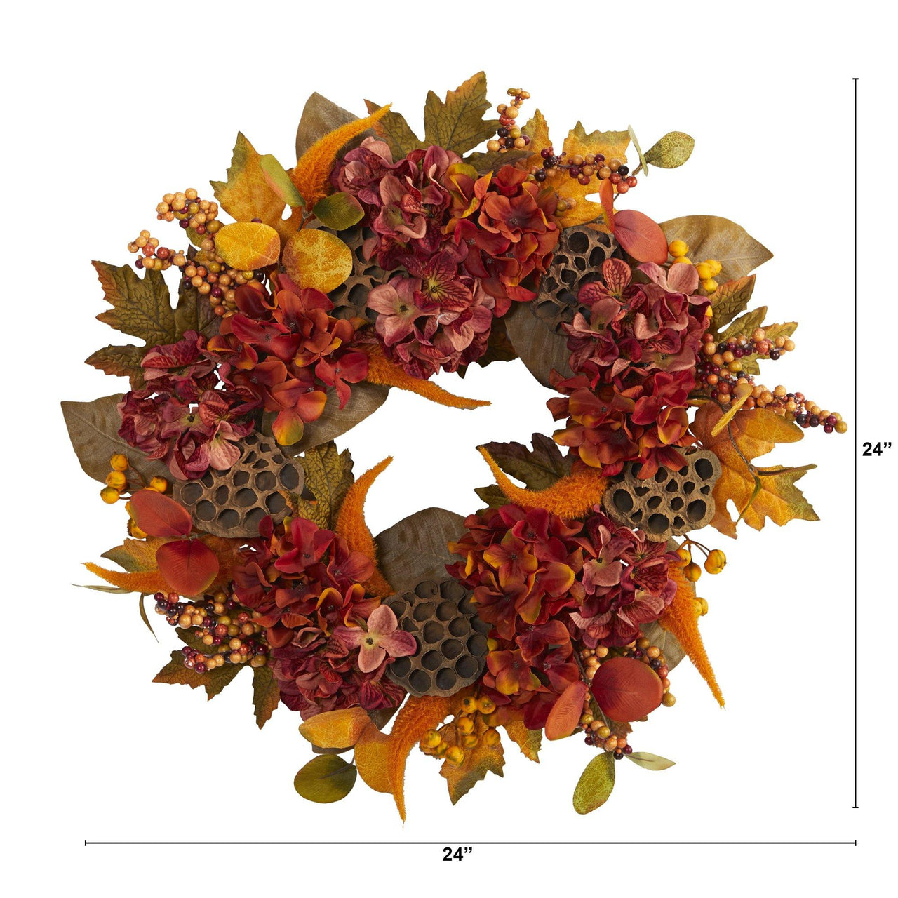 24” Fall Hydrangea, Lotus and Berries Artificial Wreath - The Fox Decor
