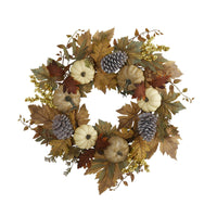 Thumbnail for 24” Fall Pumpkins, Pine Cones and Berries Artificial Wreath