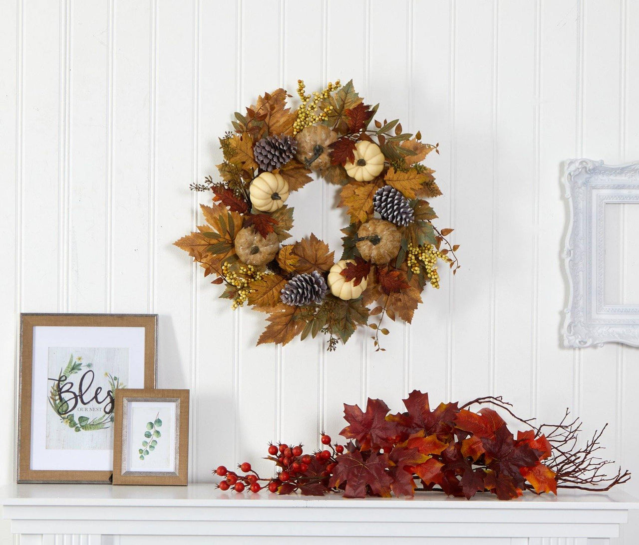 24” Fall Pumpkins, Pine Cones and Berries Artificial Wreath - The Fox Decor