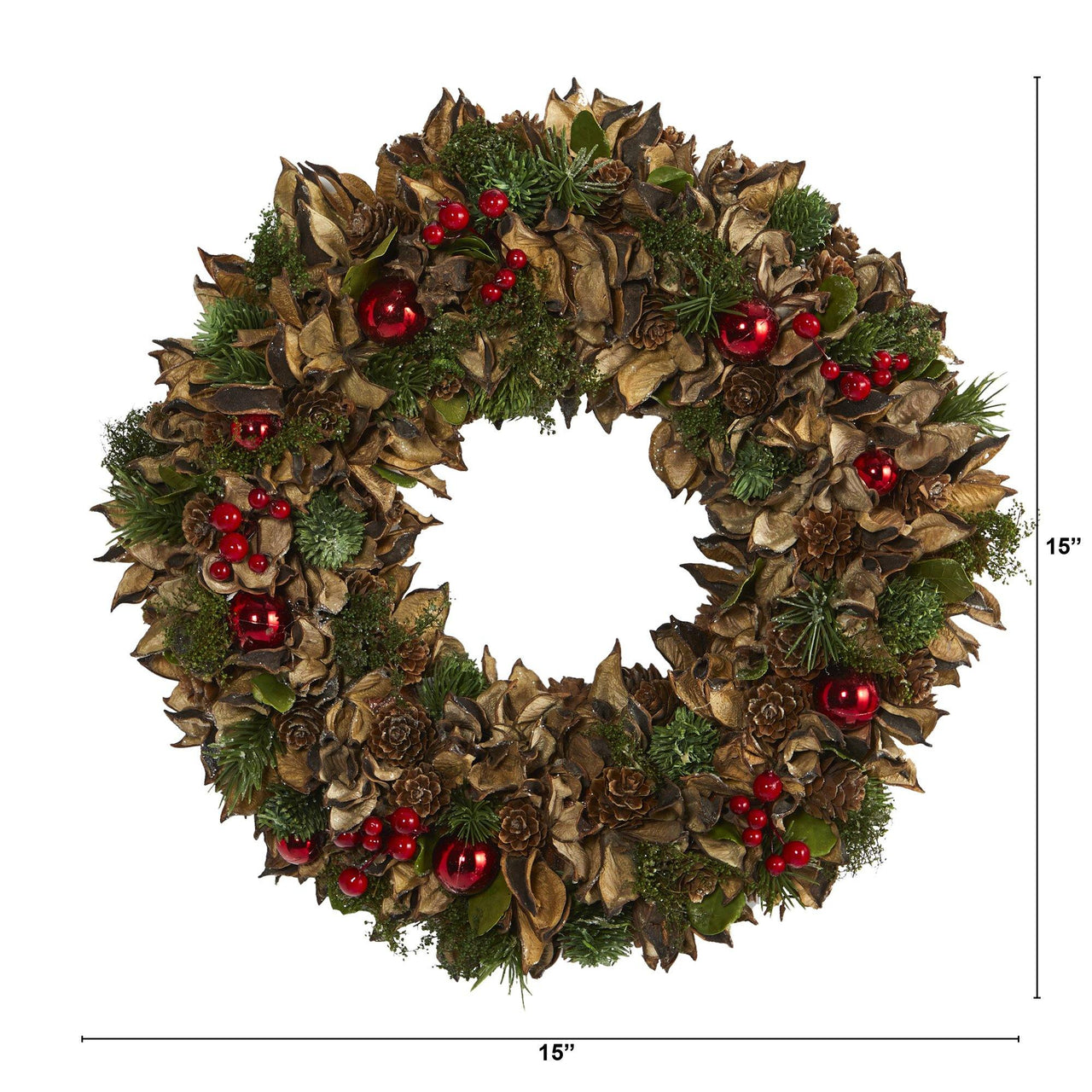 15” Holiday Artificial Wreath with Pine Cones and Ornaments - The Fox Decor