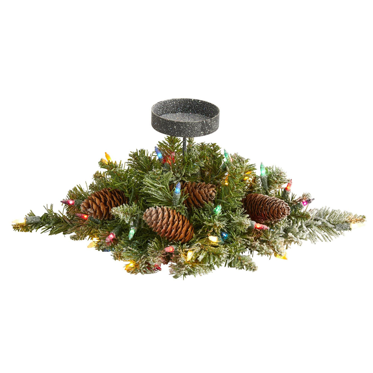 16” Flocked Artificial Christmas Pine Candelabrum with 35 Multicolored Lights and Pine Cones