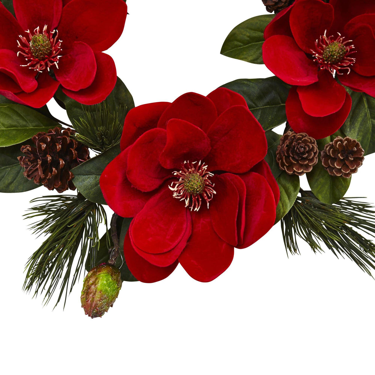 24” Red Magnolia & Pine Wreath - The Fox Decor