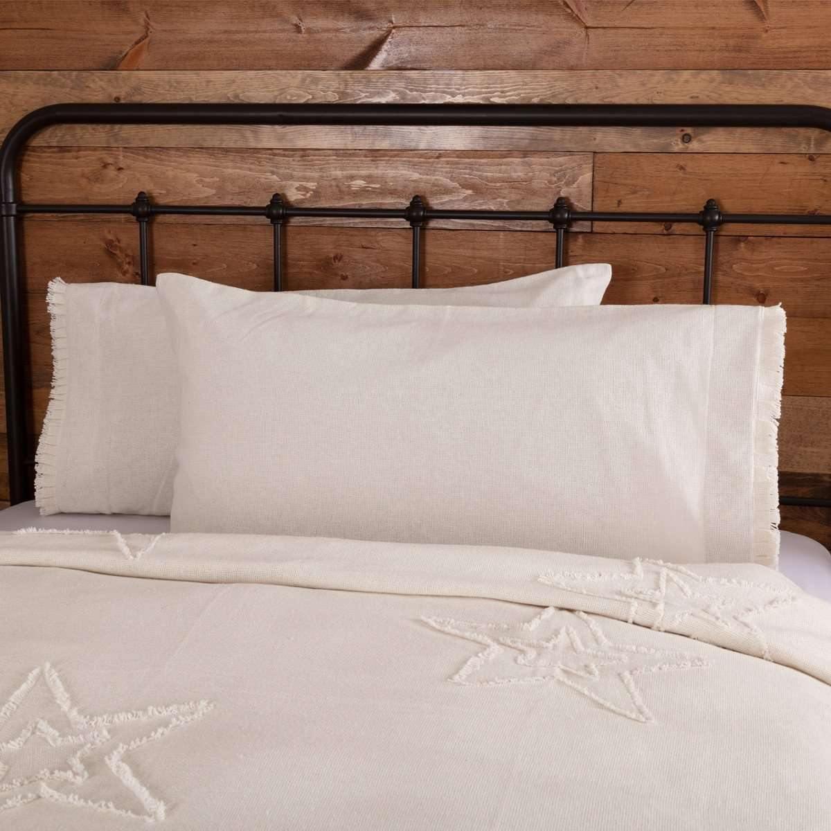 Burlap Antique White King Pillow Case w/ Fringed Ruffle Set of 2 21x40 VHC Brands - The Fox Decor