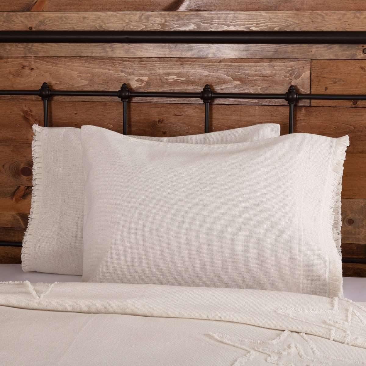 Burlap Antique White Standard Pillow Case w/ Fringed Ruffle Set of 2 21x30 VHC Brands - The Fox Decor