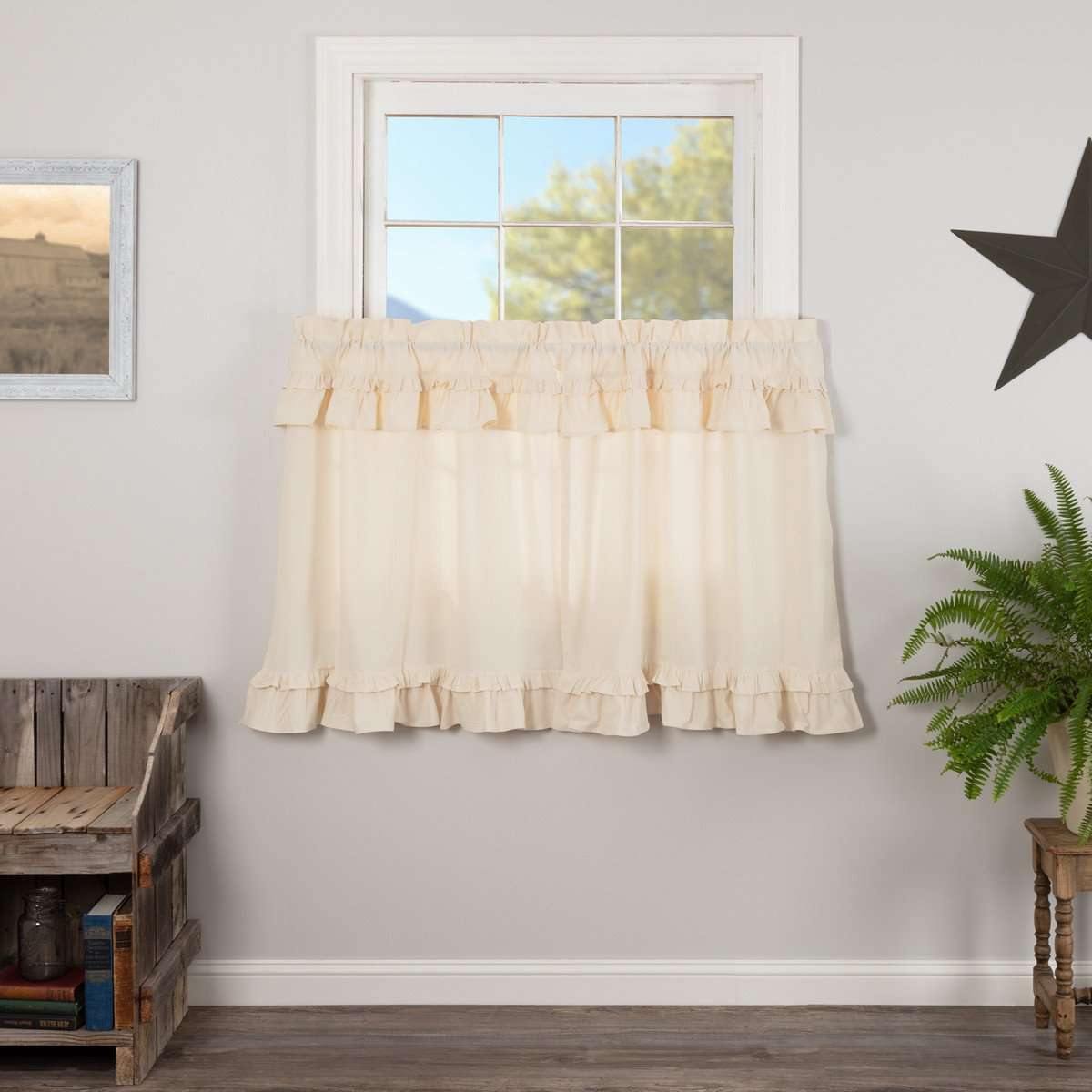 Muslin Ruffled Unbleached Natural Tier Curtain Set of 2 L36xW36 VHC Brands - The Fox Decor