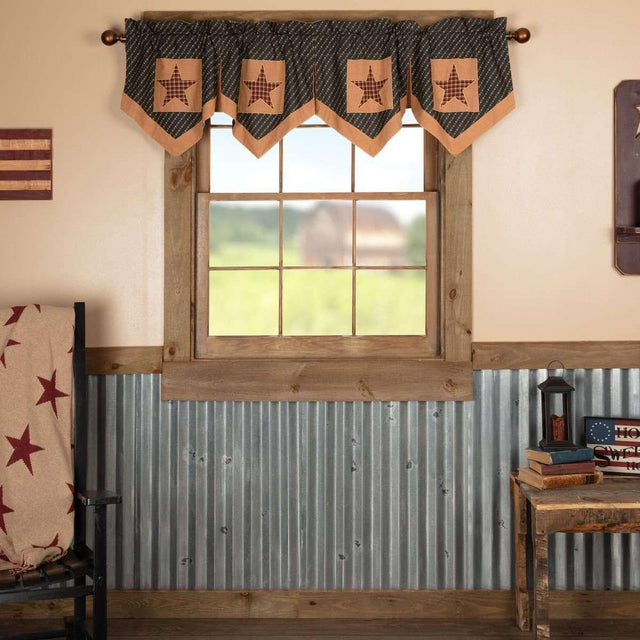 Patriotic Patch Star Block Valance Curtain Pleated Deep Red, Khaki, Navy VHC Brands - The Fox Decor