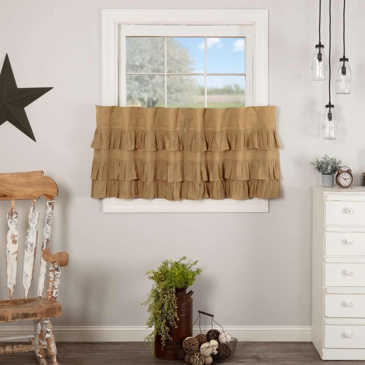Simple Life Flax Khaki Ruffled Tier Curtain Set of 2 L24xW36 VHC Brands - The Fox Decor