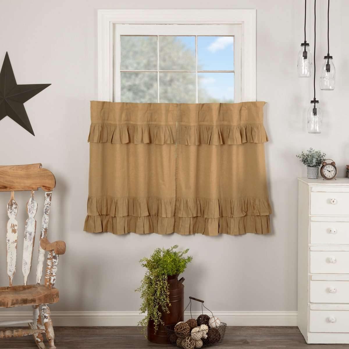 Simple Life Flax Khaki Ruffled Tier Curtain Set of 2 L36xW36 VHC Brands - The Fox Decor