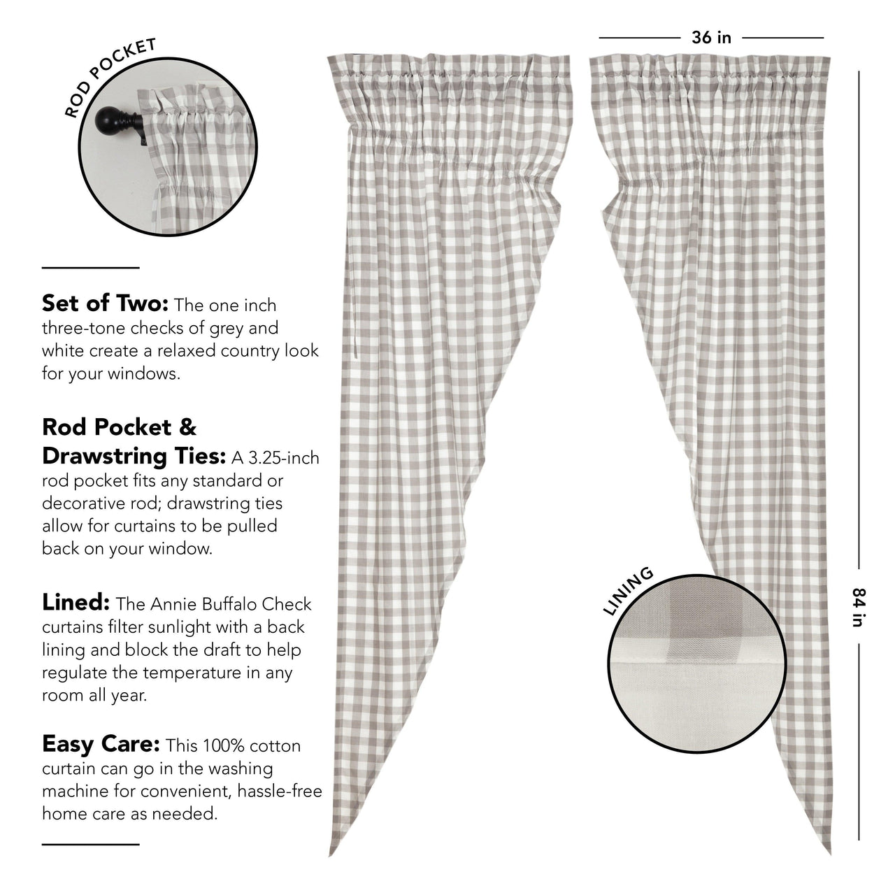 Annie Buffalo Grey Check Prairie Long Panel Curtain Set of 2