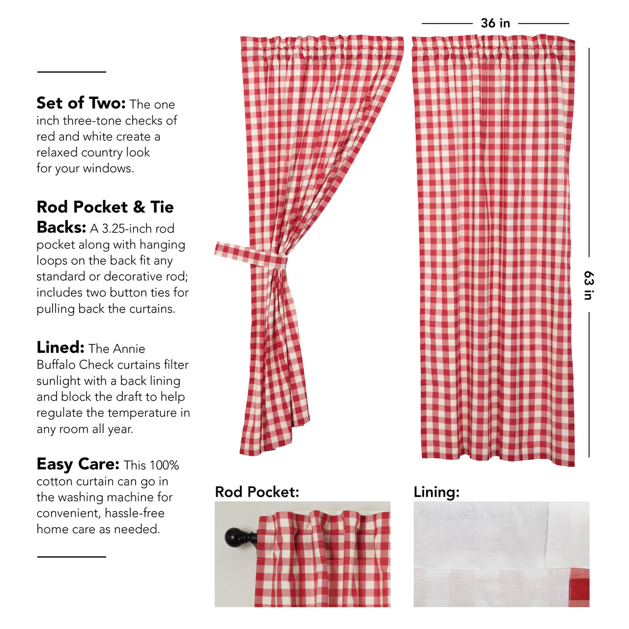 Annie Buffalo Red Check Short Panel Curtain Set of 2 63"x36" VHC Brands