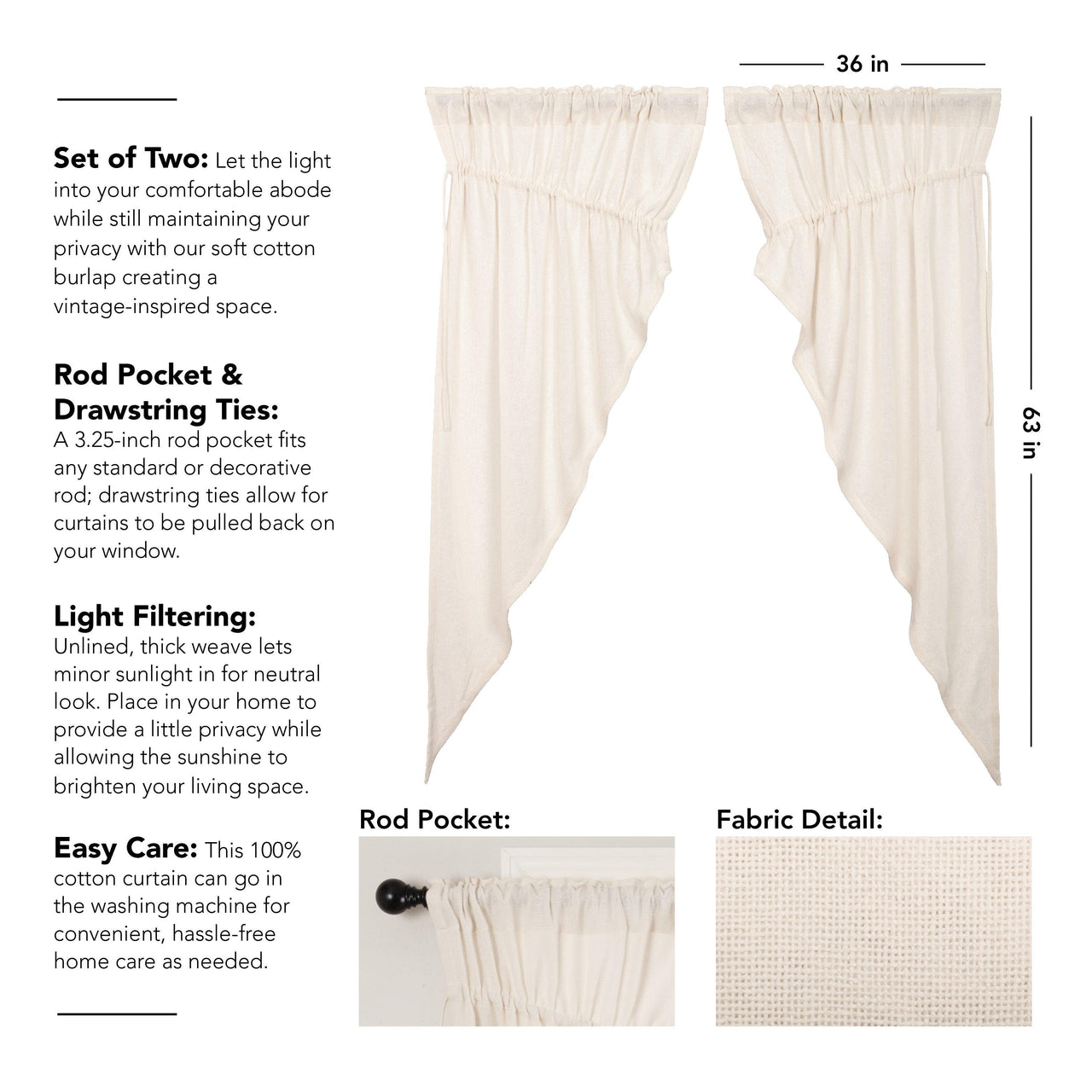 Burlap Antique White Prairie Short Panel Curtain Set of 2 63x36x18 VHC Brands - The Fox Decor