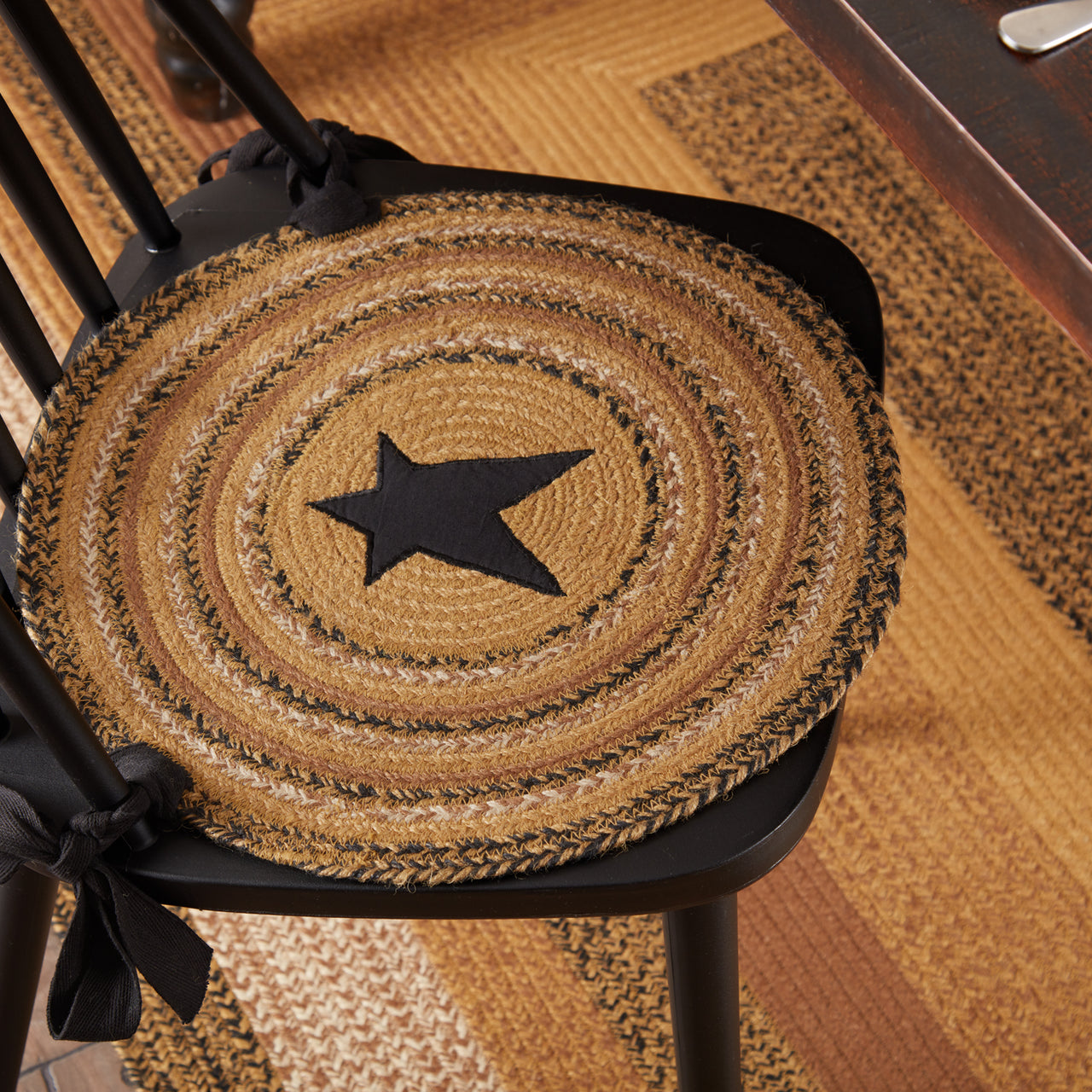 Kettle Grove Jute Braided Chair Pad Applique Star Set of 6 Natural, Black, Caramel