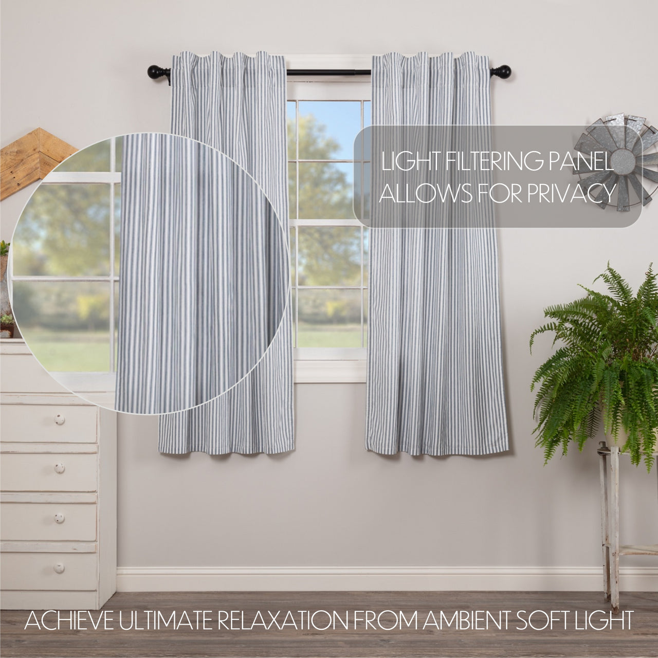 Sawyer Mill Blue Ticking Stripe Short Panel Curtain Set of 2 63"x36" - The Fox Decor