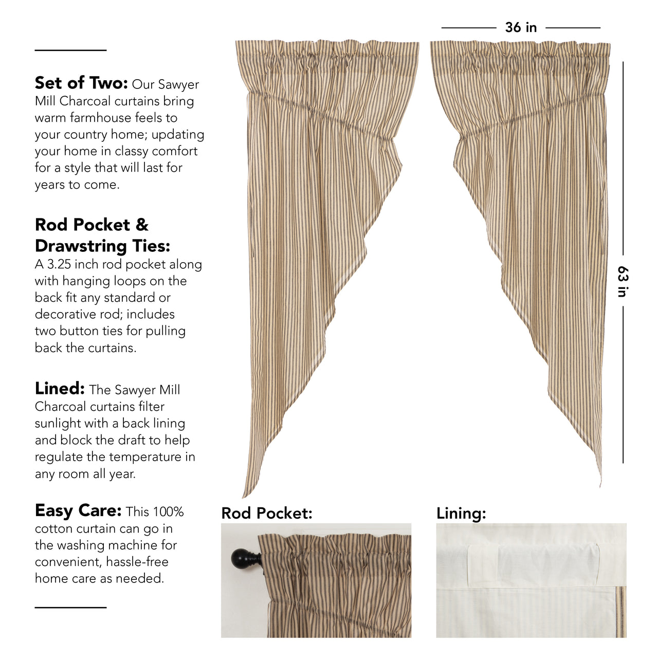 Sawyer Mill Charcoal Ticking Stripe Prairie Short Panel Curtain Set of 2 63x36x18 VHC Brands