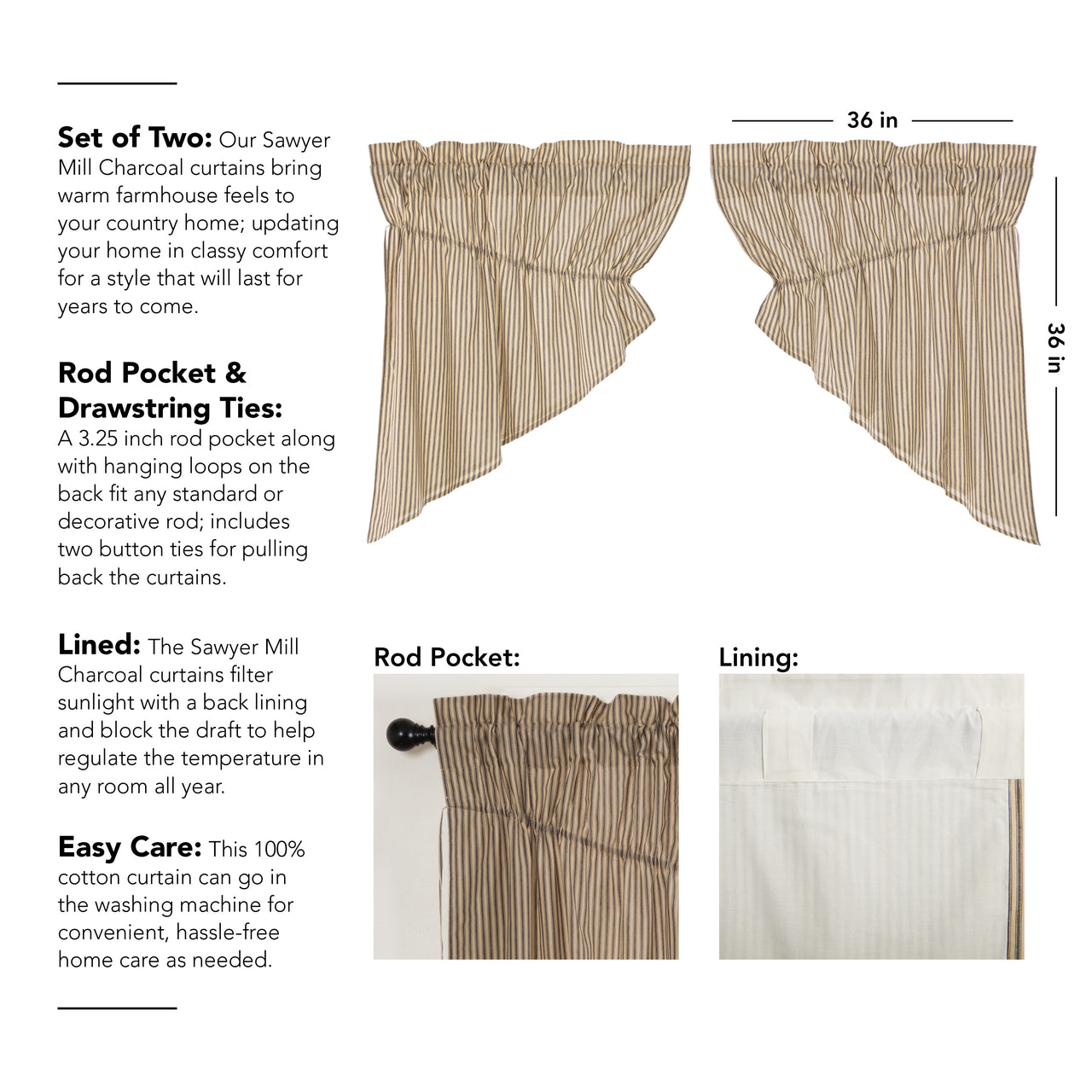 Sawyer Mill Charcoal Ticking Stripe Prairie Swag Curtain Set of 2