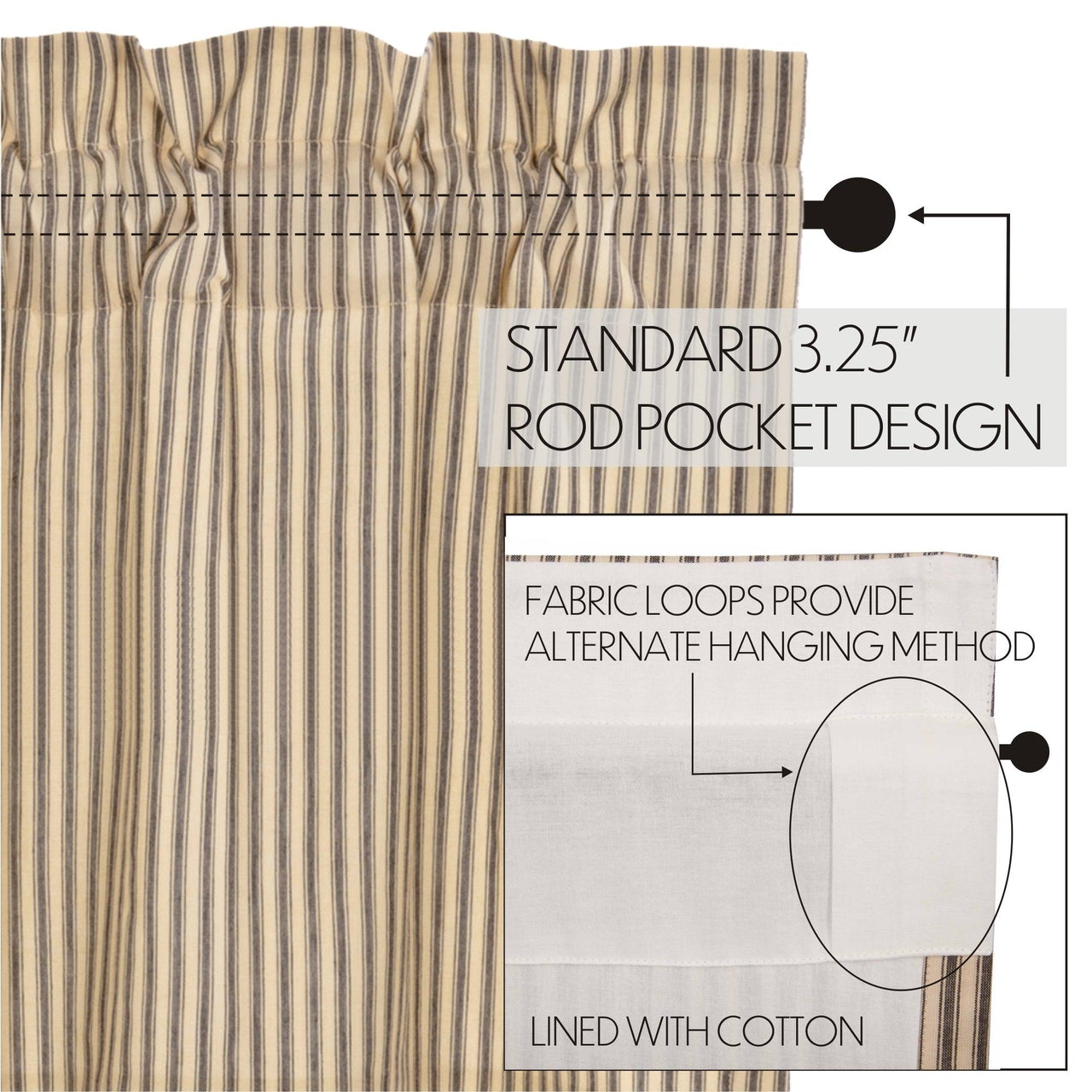 Sawyer Mill Charcoal Ticking Stripe Swag Curtain Set of 2 36x36x16 VHC Brands - The Fox Decor