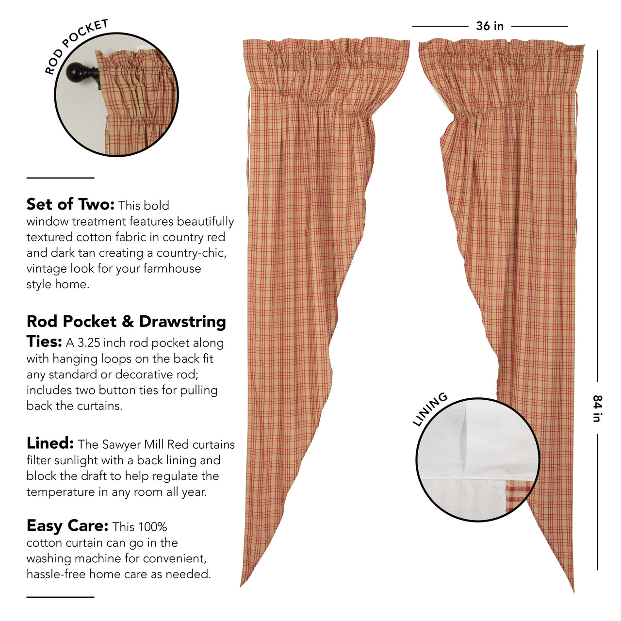 Sawyer Mill Red Plaid Prairie Long Panel Curtain Set of 2 VHC Brands