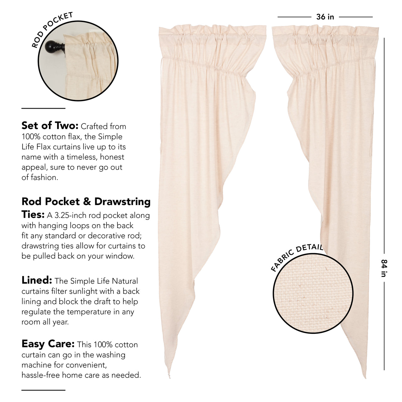 Simple Life Flax Natural Prairie Long Panel Curtain Set of 2 84x36x18 VHC Brands