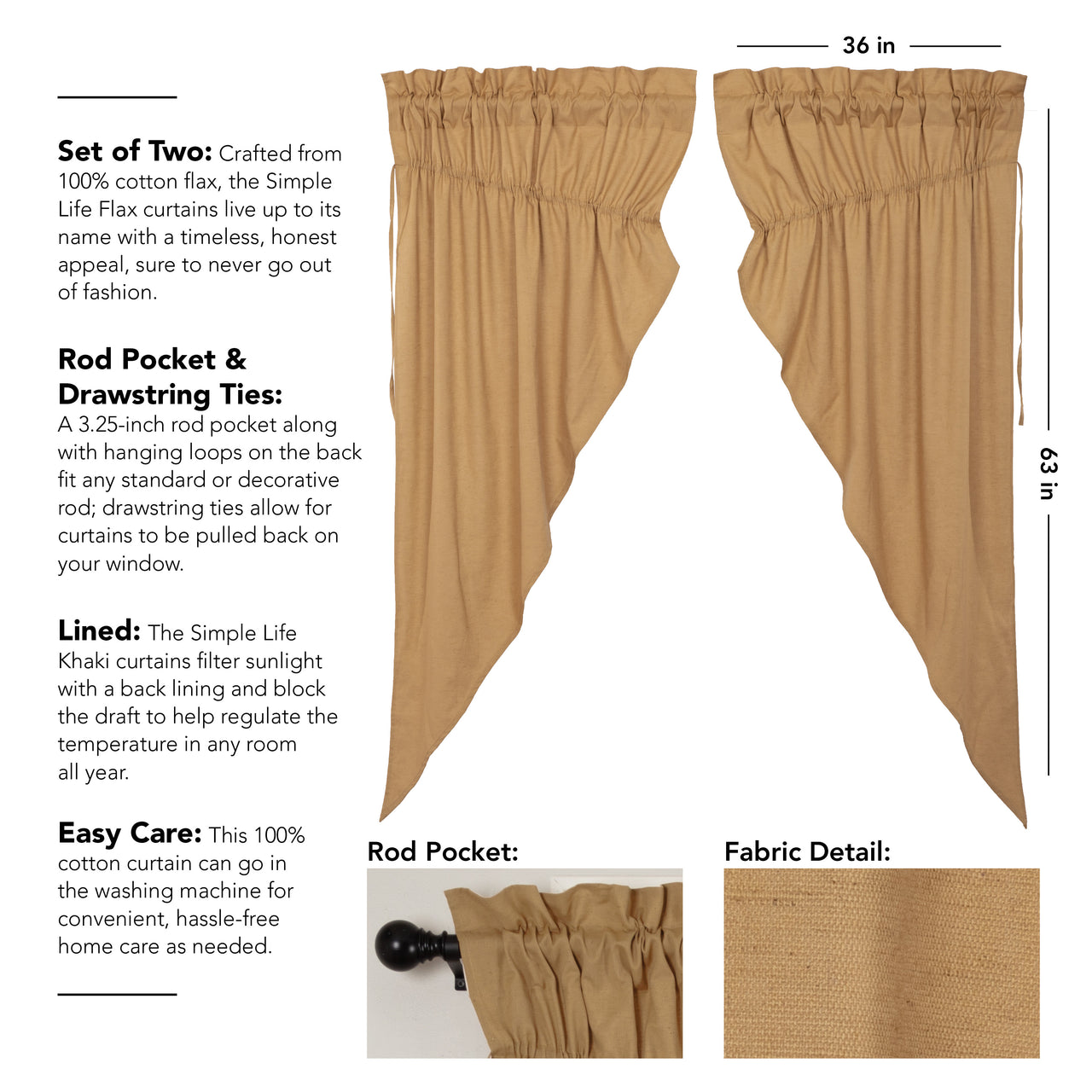 Simple Life Flax Khaki Prairie Short Panel Curtain Set of 2 63x36x18 VHC Brands