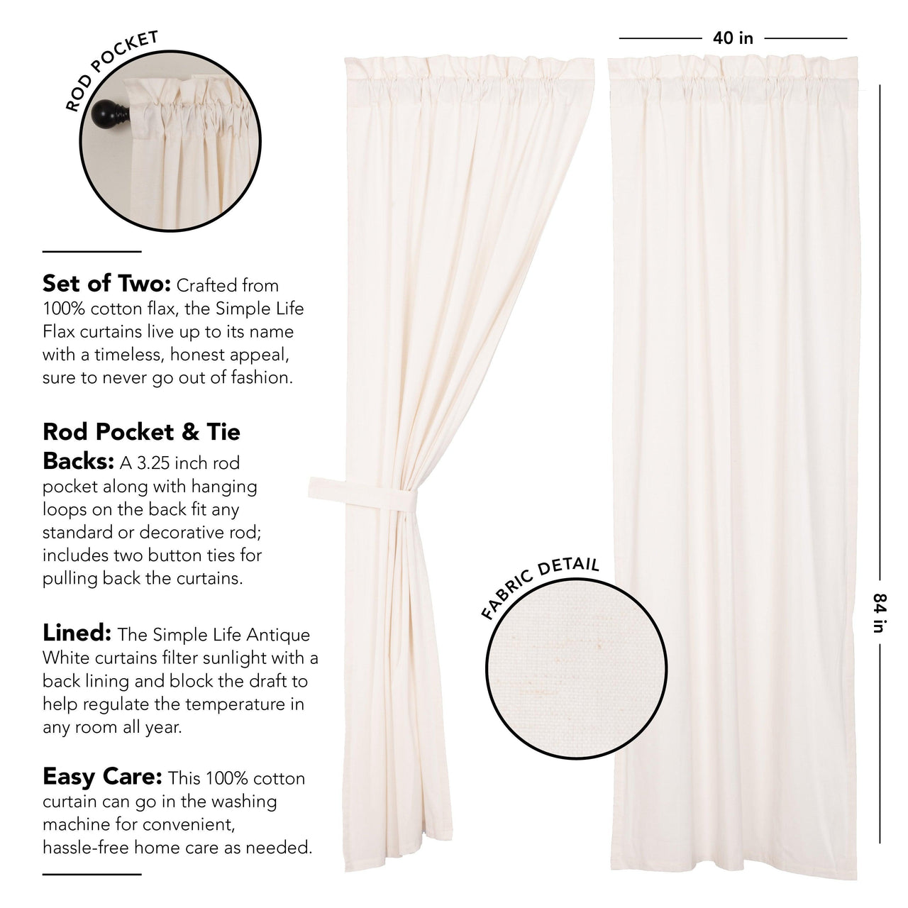 Simple Life Flax Antique White Panel Curtain Set of 2 84x40 VHC Brands - The Fox Decor