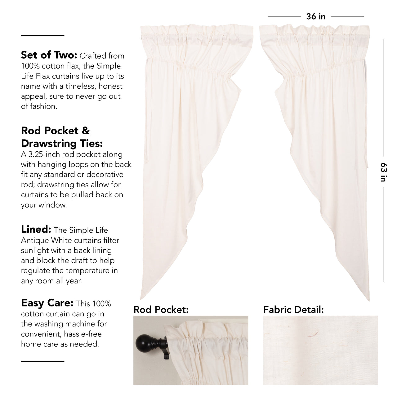 Simple Life Flax Antique White Prairie Short Panel Curtain Set of 2 63x36x18 VHC Brands