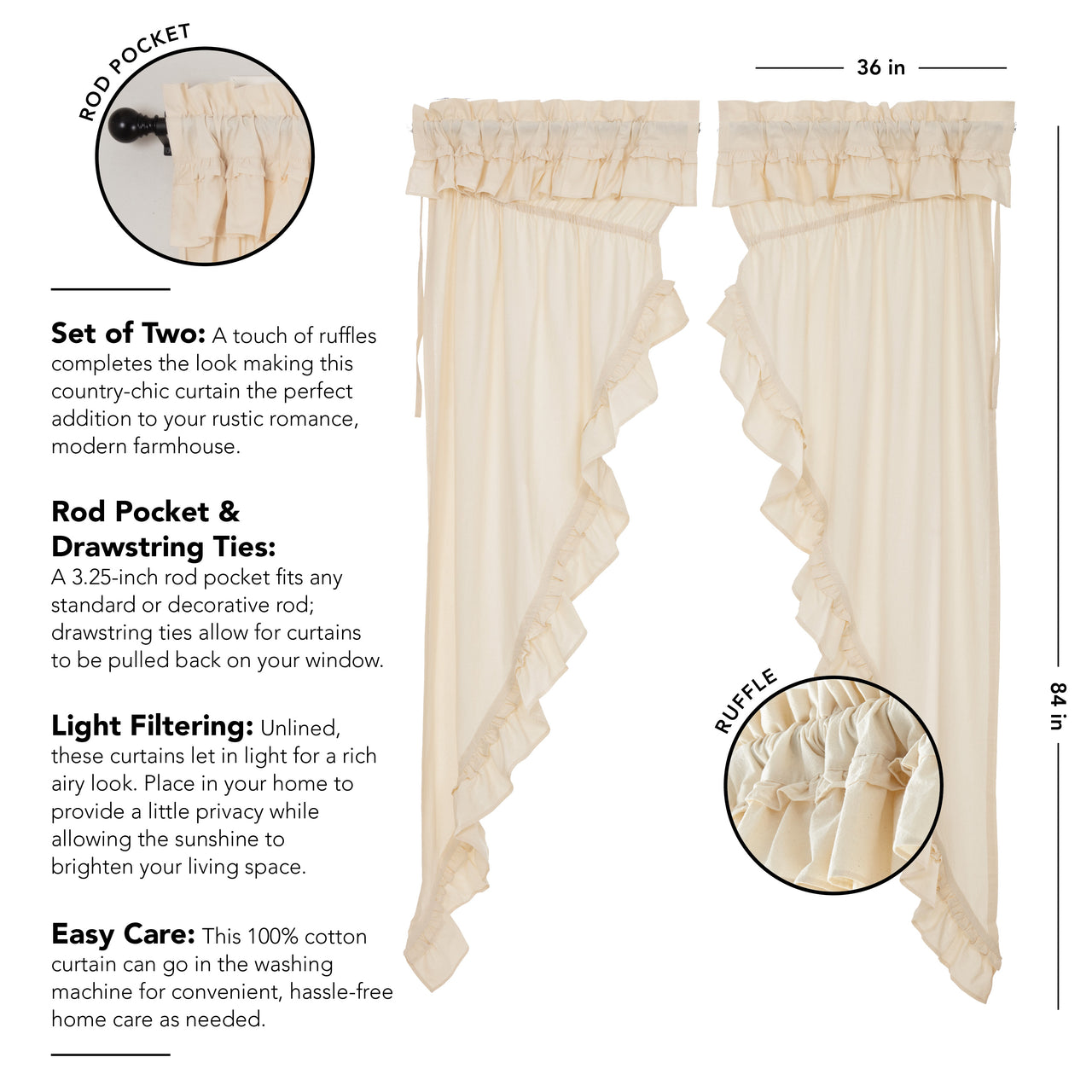 Muslin Ruffled Unbleached Natural Prairie Long Panel Curtain Set of 2
