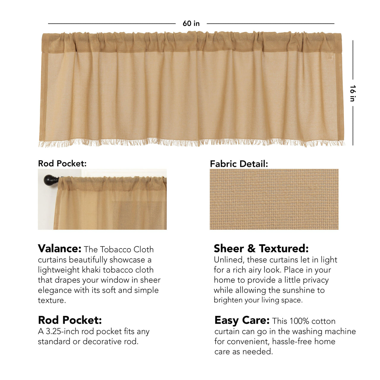 Tobacco Cloth Khaki Valance Fringed Curtain 16x60 VHC Brands - The Fox Decor