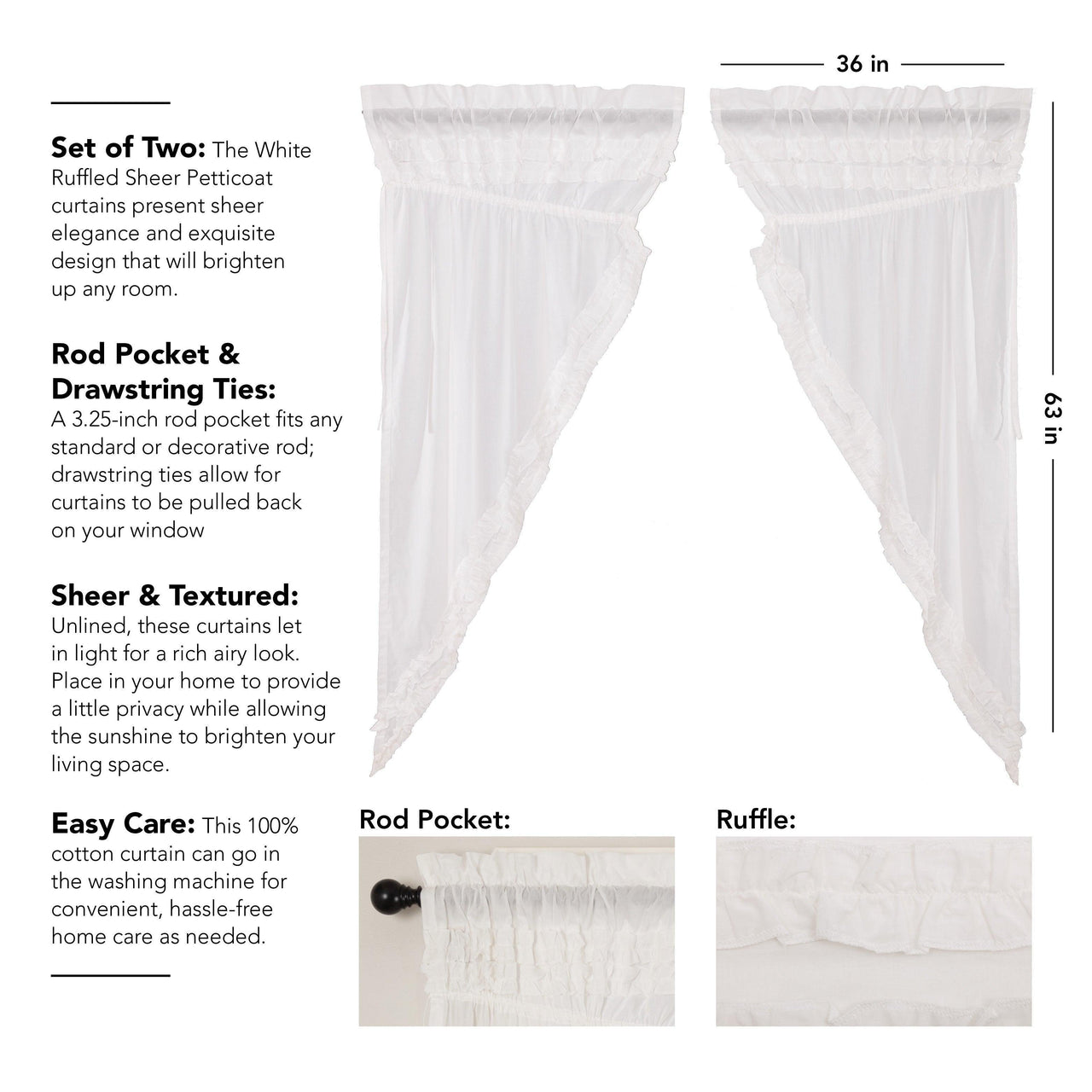 White Ruffled Sheer Petticoat Prairie Short Panel Curtain Set 63x36x18 VHC Brands - The Fox Decor