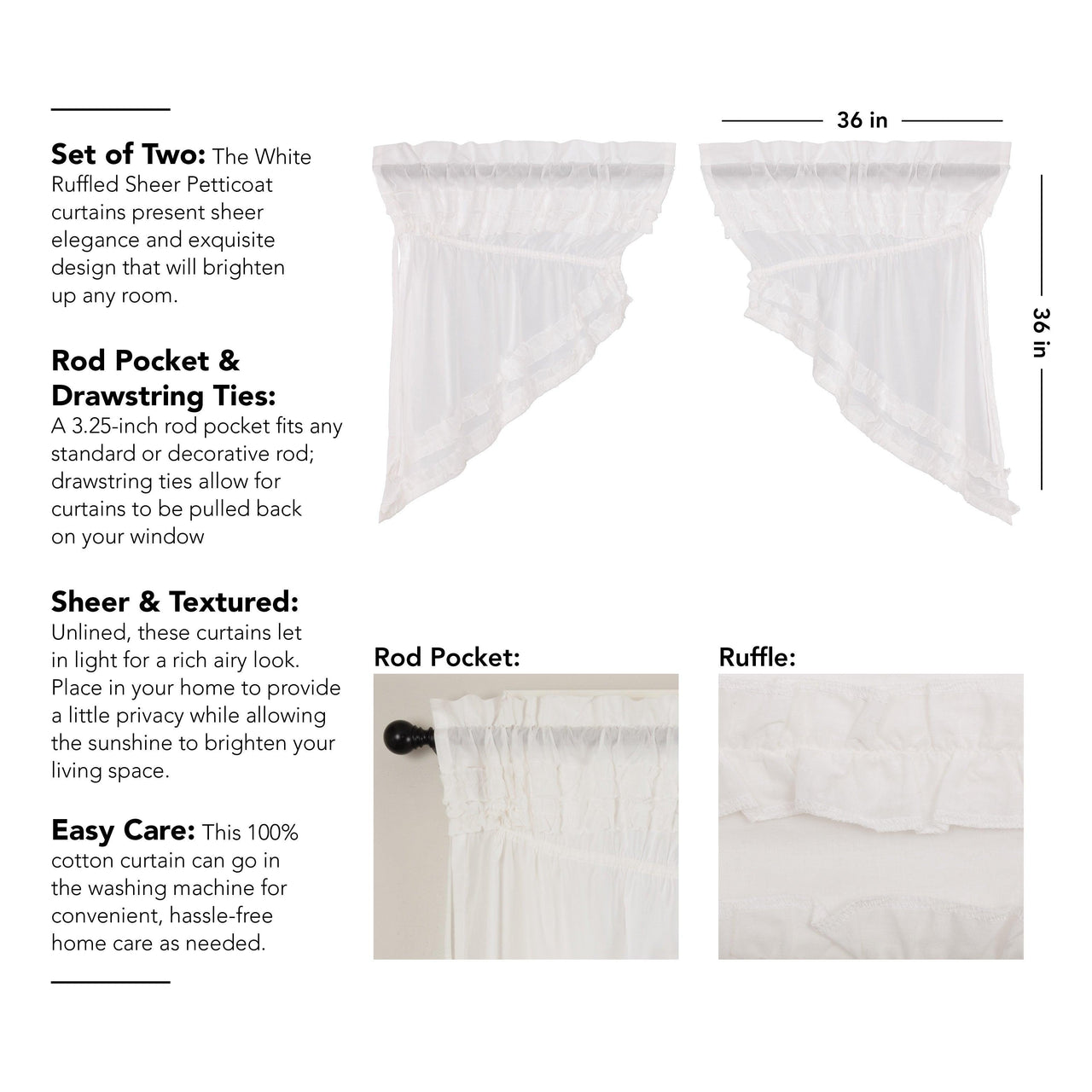 White Ruffled Sheer Petticoat Prairie Swag Curtain Set of 2 - The Fox Decor