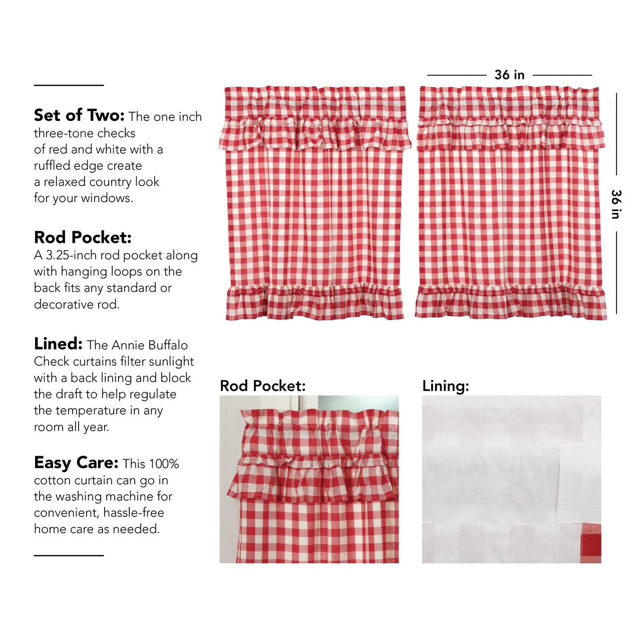 Annie Buffalo Red Check Ruffled Tier Curtain Set of 2 L36xW36 - The Fox Decor