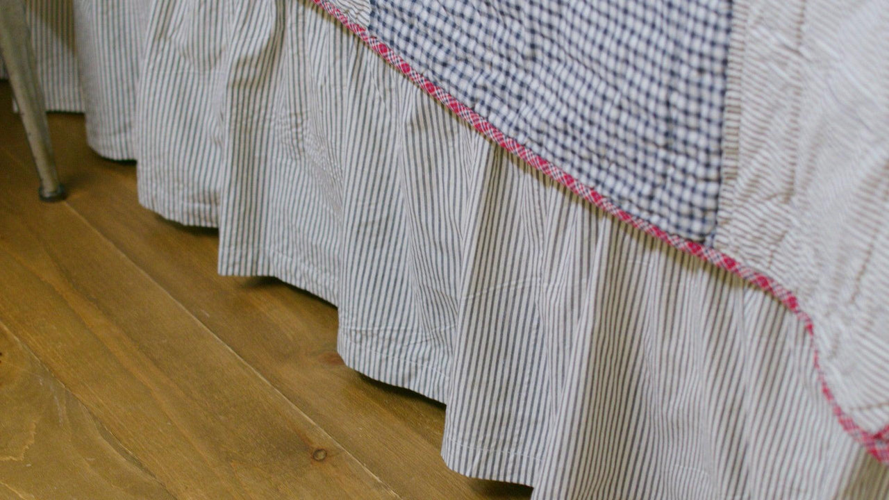 Hatteras Seersucker Blue Ticking Stripe Bed Skirts VHC Brands - The Fox Decor