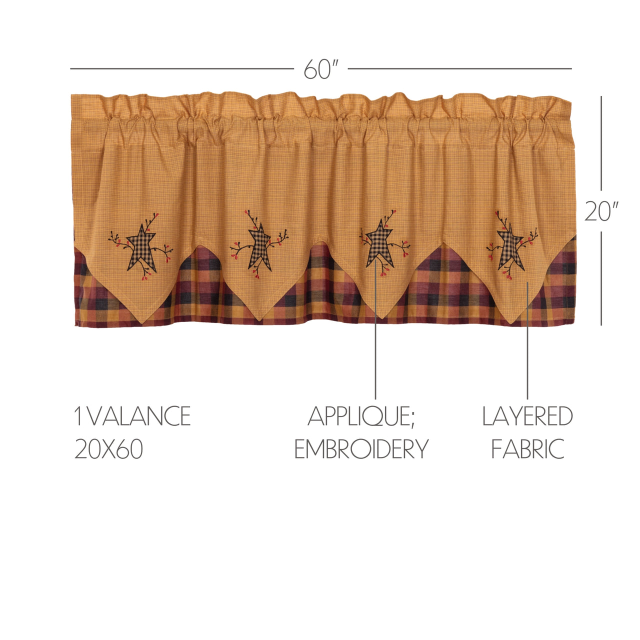Heritage Farms Primitive Star and Pip Valance Layered Curtain 20x60 VHC Brands