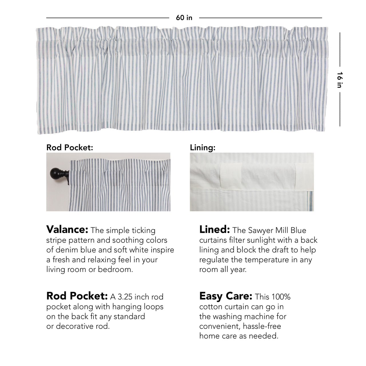 Sawyer Mill Blue Ticking Stripe Valance Curtain 16x60 VHC Brands