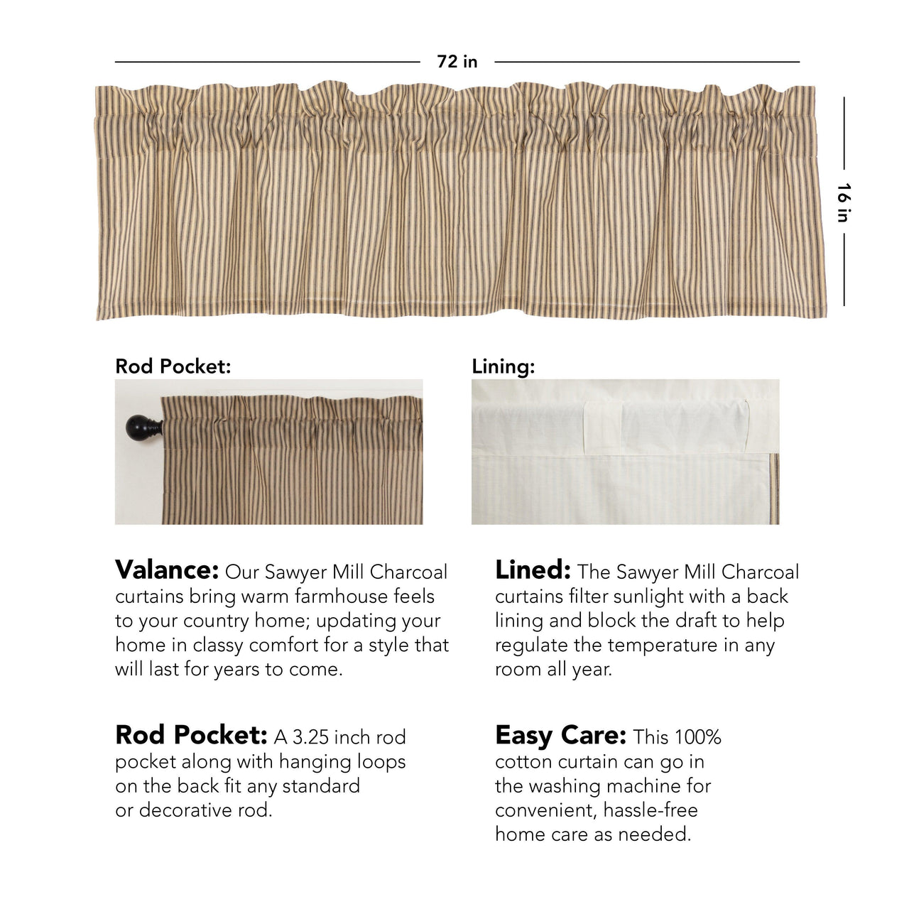 Sawyer Mill Charcoal Ticking Stripe Valance Curtain 16x72 VHC Brands - The Fox Decor