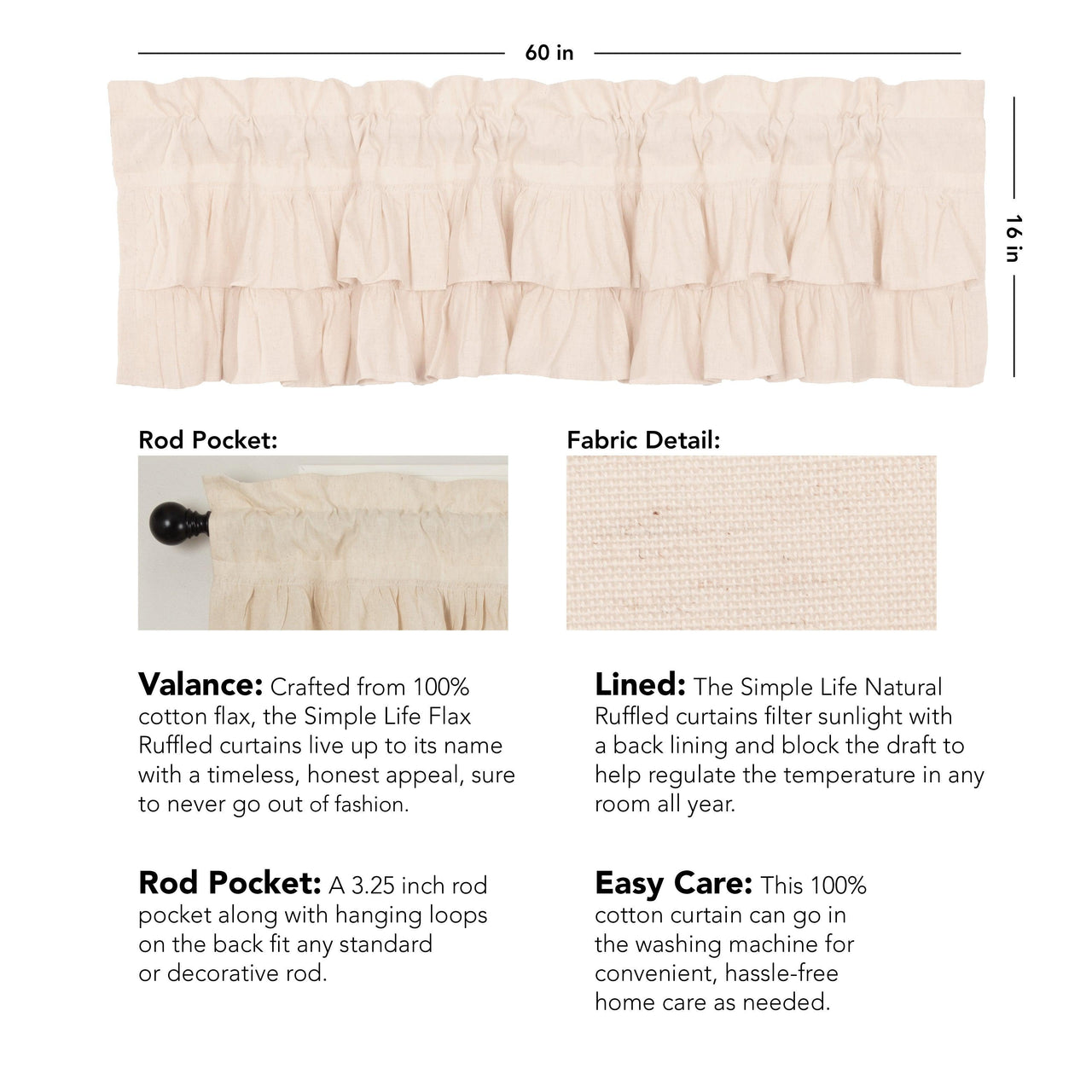 Simple Life Flax Natural Ruffled Valance Curtain VHC Brands