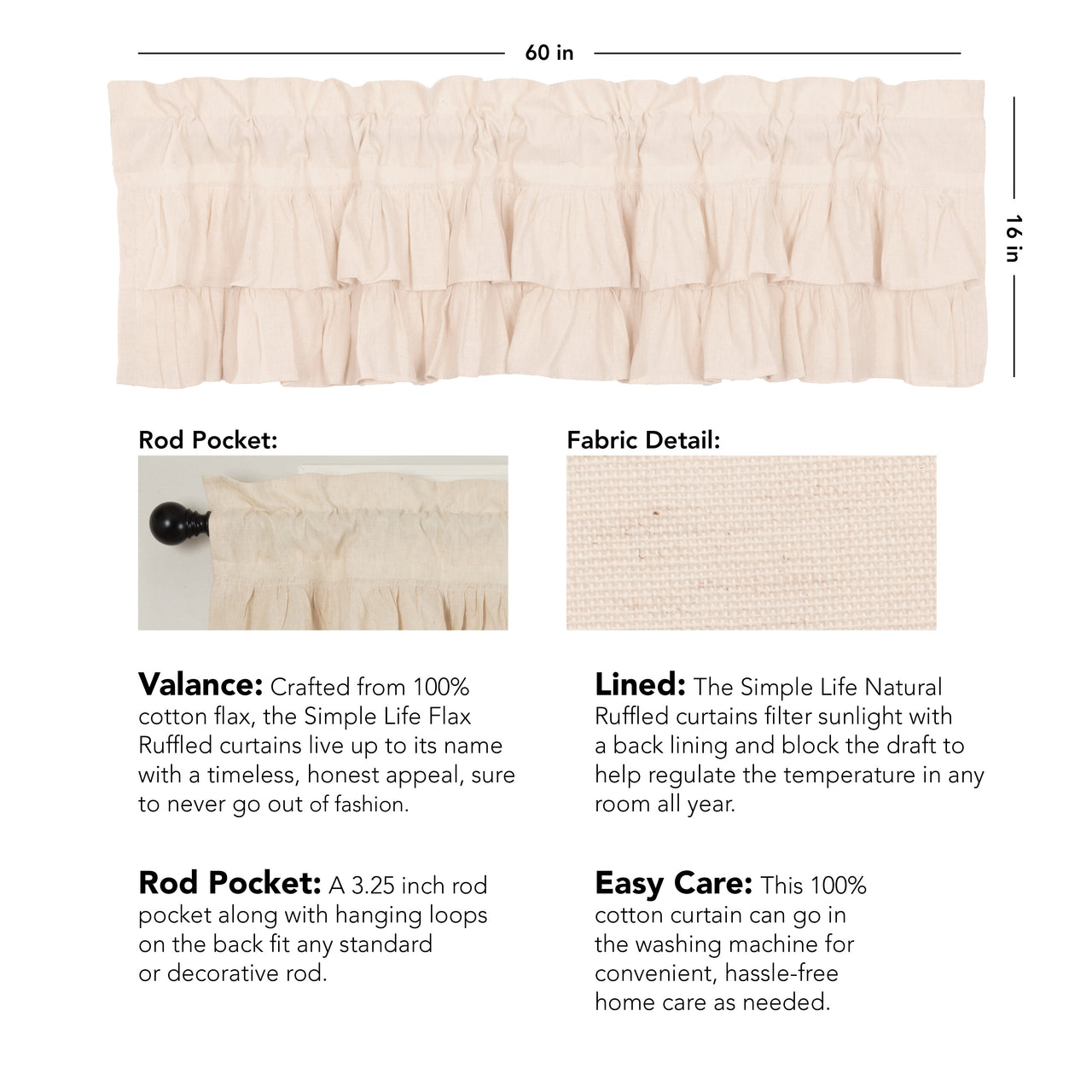 Simple Life Flax Natural Ruffled Valance Curtain VHC Brands