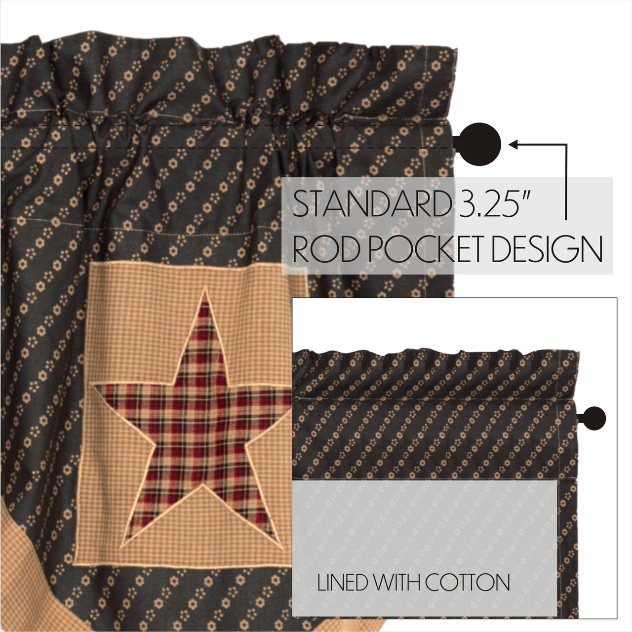Patriotic Patch Star Block Valance Curtain Pleated Deep Red, Khaki, Navy VHC Brands