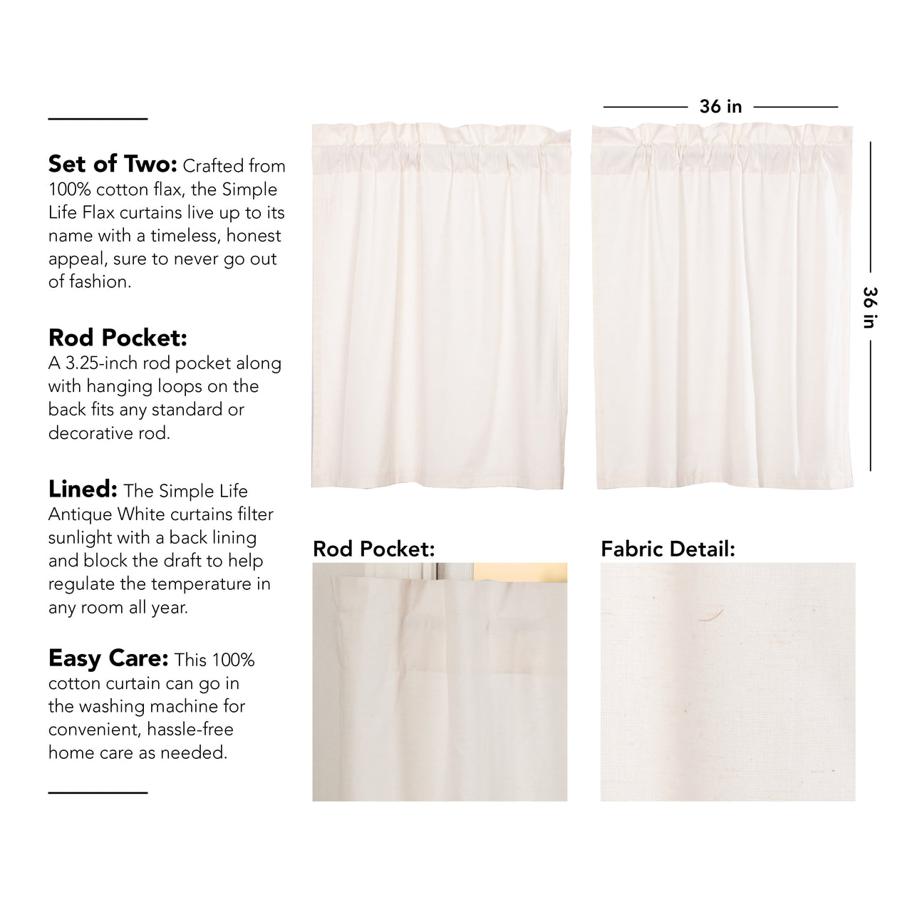 Simple Life Flax Antique White Tier Curtain Set of 2 L36xW36 VHC Brands