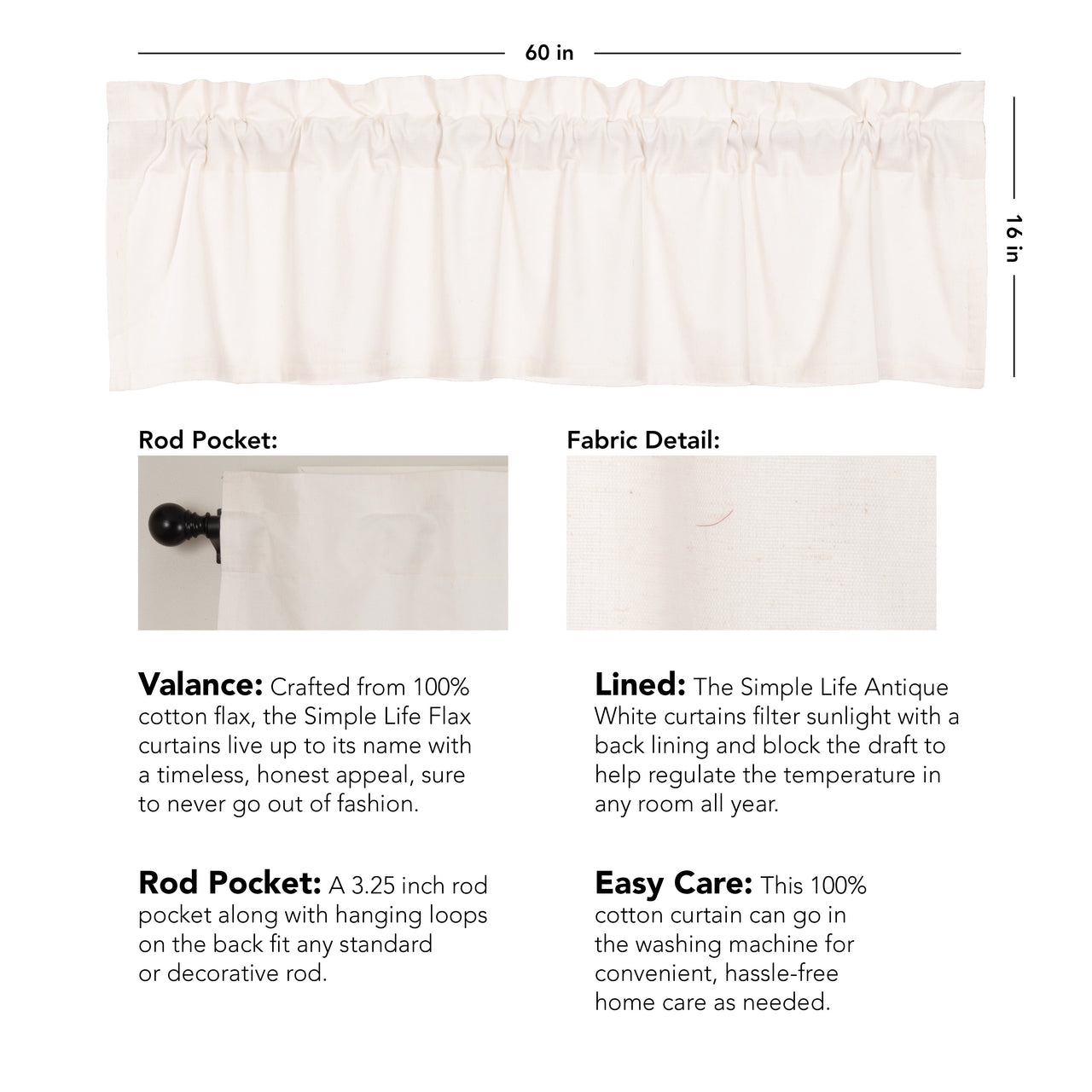 Simple Life Flax Antique White Valance Curtain 16x60 VHC Brands