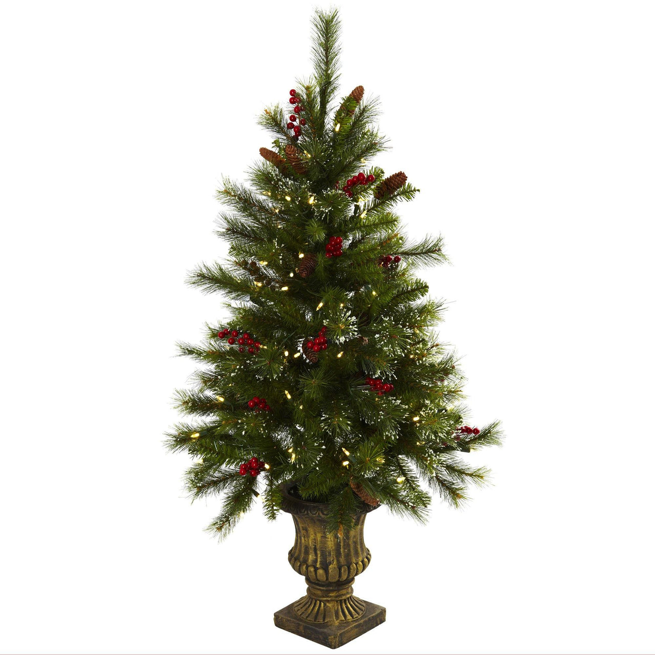4’ Christmas Tree w/Berries, Pine Cones, LED Lights & Decorative Urn