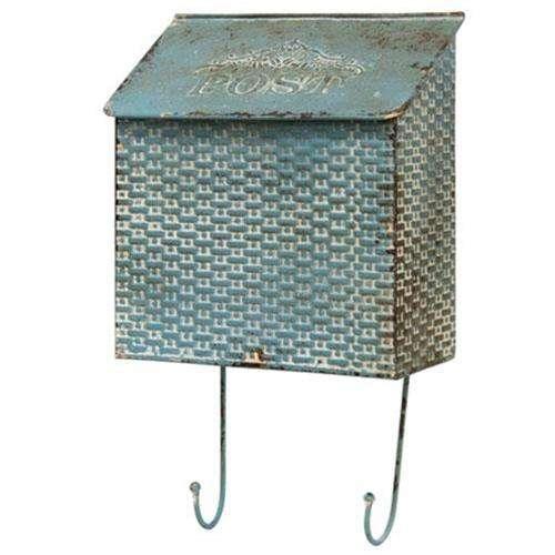 Vintage Blue Metal Basketweave Post Box w/ Hooks - The Fox Decor