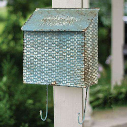 Vintage Blue Metal Basketweave Post Box w/ Hooks - The Fox Decor