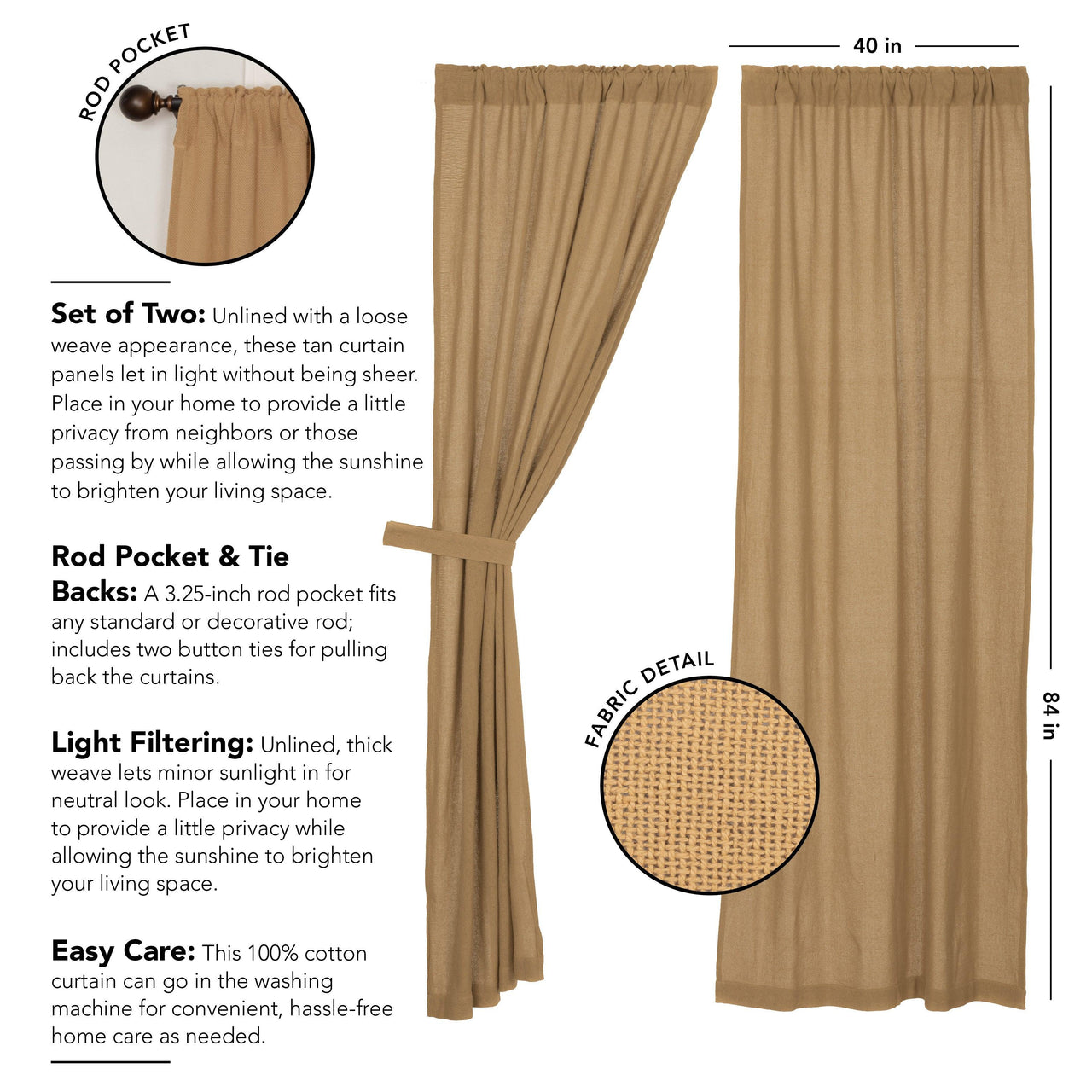 Burlap Natural/Chocolate/Vintage/Antique White Panel Curtain Set of 2 84x40 - The Fox Decor