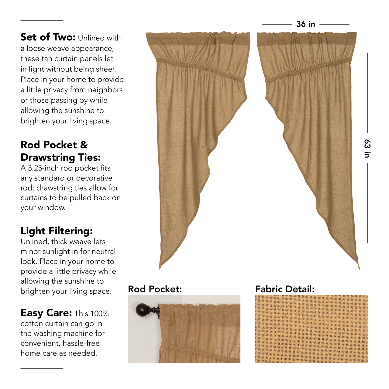 Burlap Natural Prairie Short Panel Curtain Set of 2 63x36x18 VHC Brands