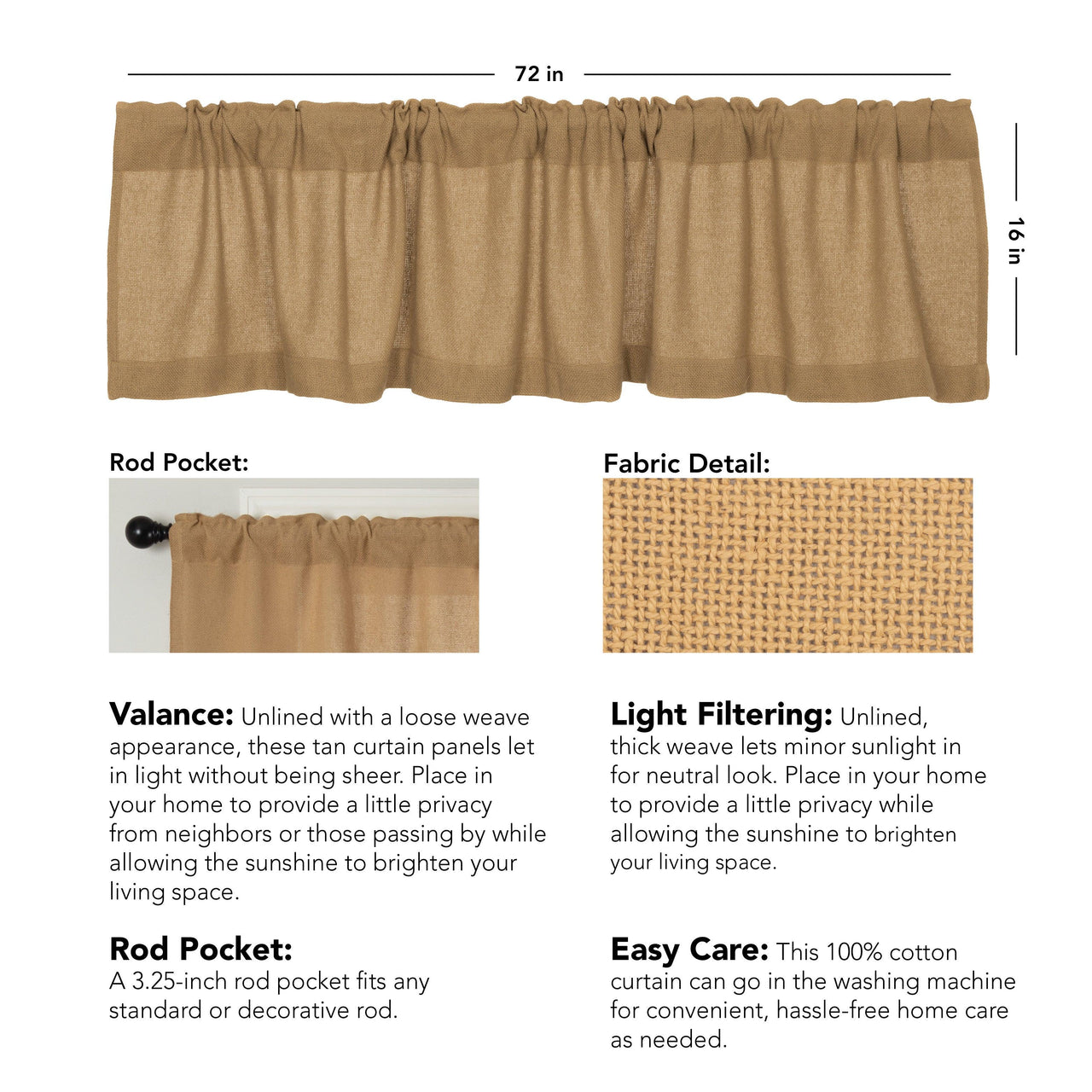 Burlap Valance Curtains Natural, White, Chocolate