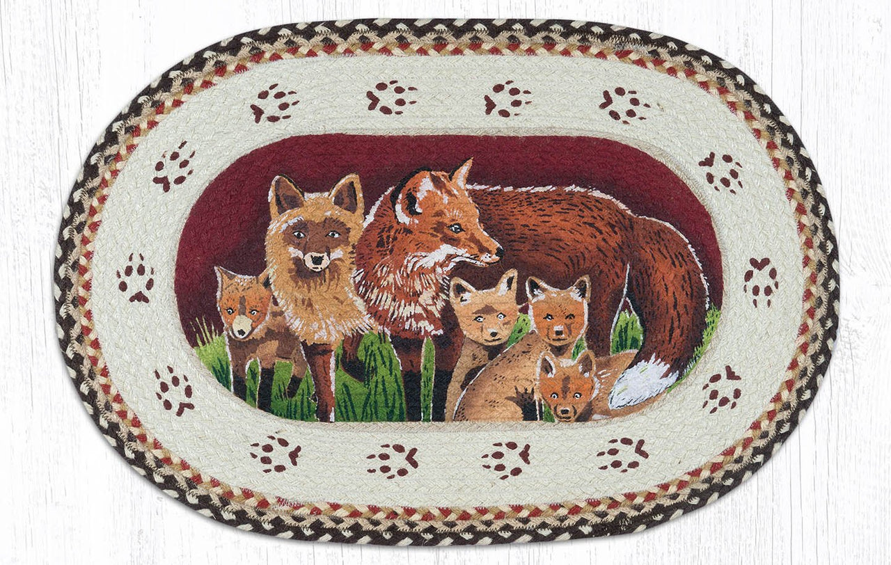 Fox Family Hand Stenciled Oval Patch Braided Rug 20"x30" - Earth Rugs