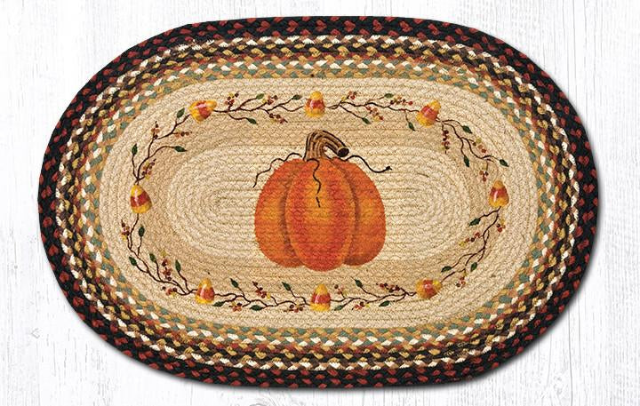 Pumpkin Candy Corn Hand Stenciled Oval Patch Braided Rug 20"x30" - Earth Rugs
