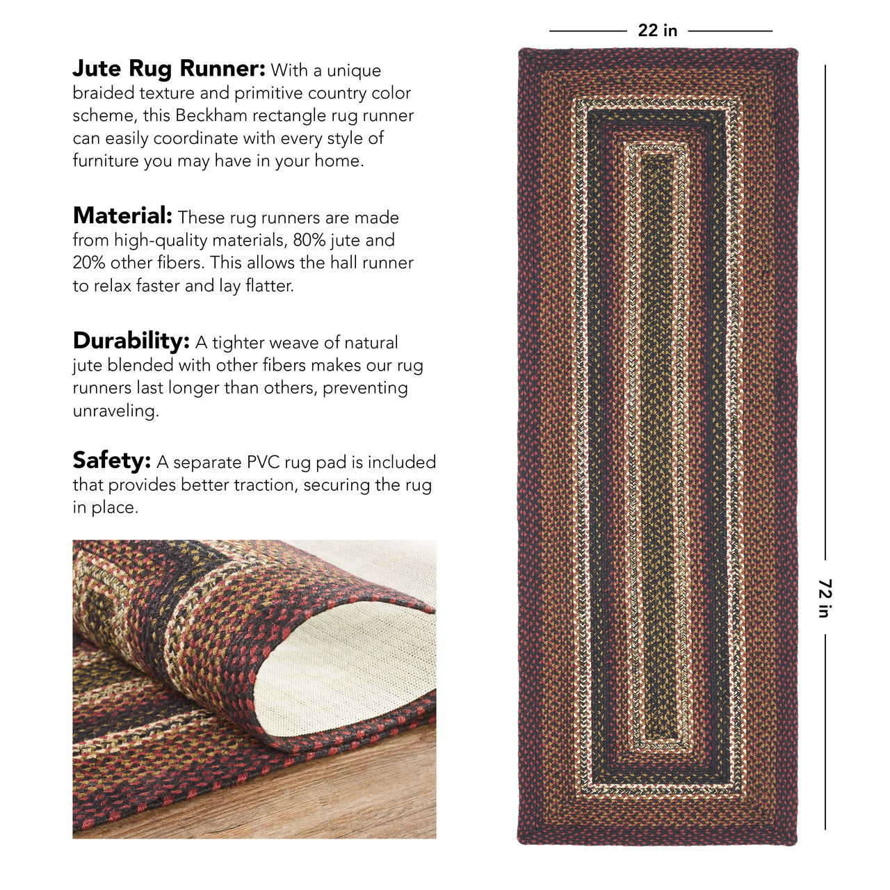 Beckham Jute Braided Rug/Runner Rect with Rug Pad 22"x72" VHC Brands