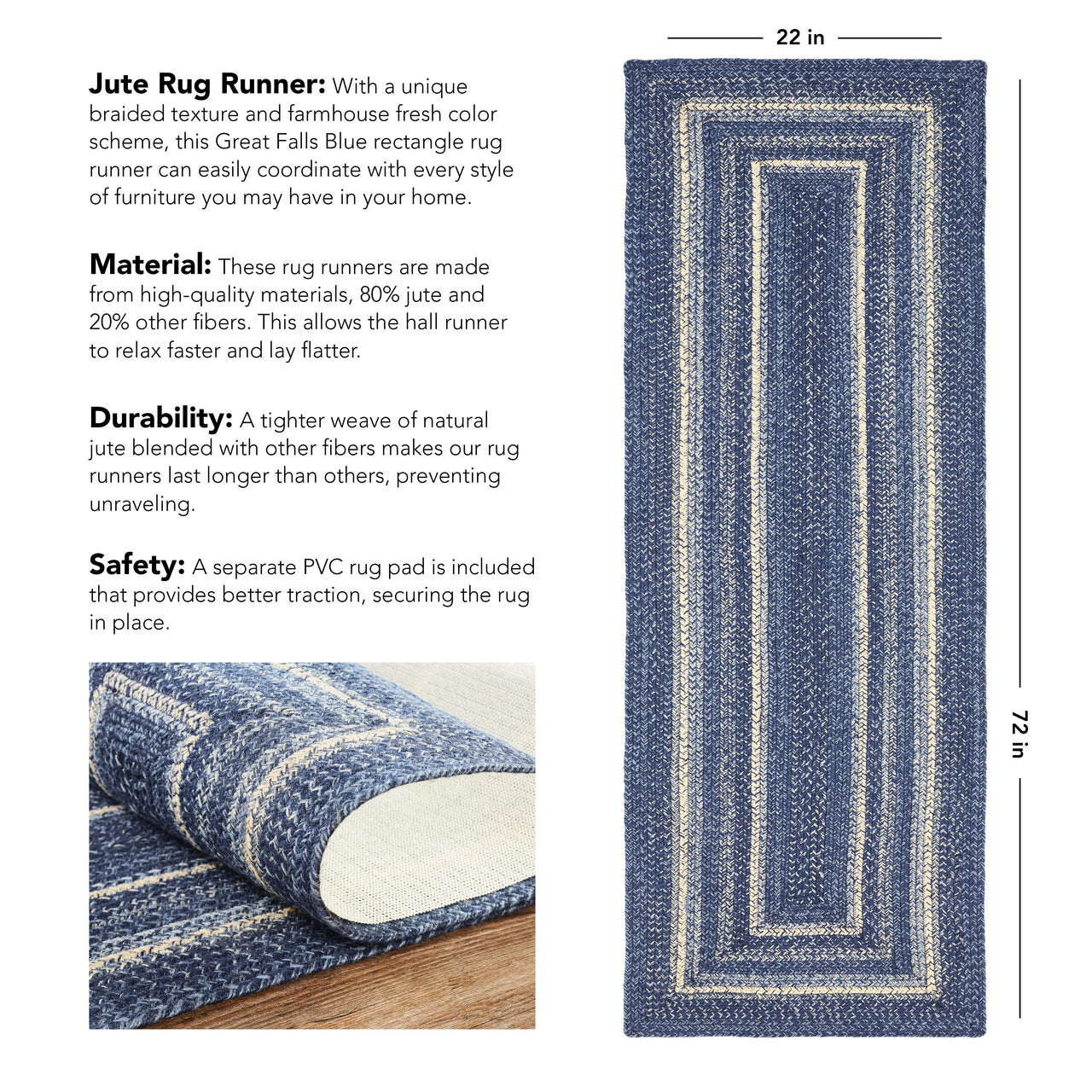 Great Falls Blue Jute Rug/Runner Rect w/ Pad 22x72