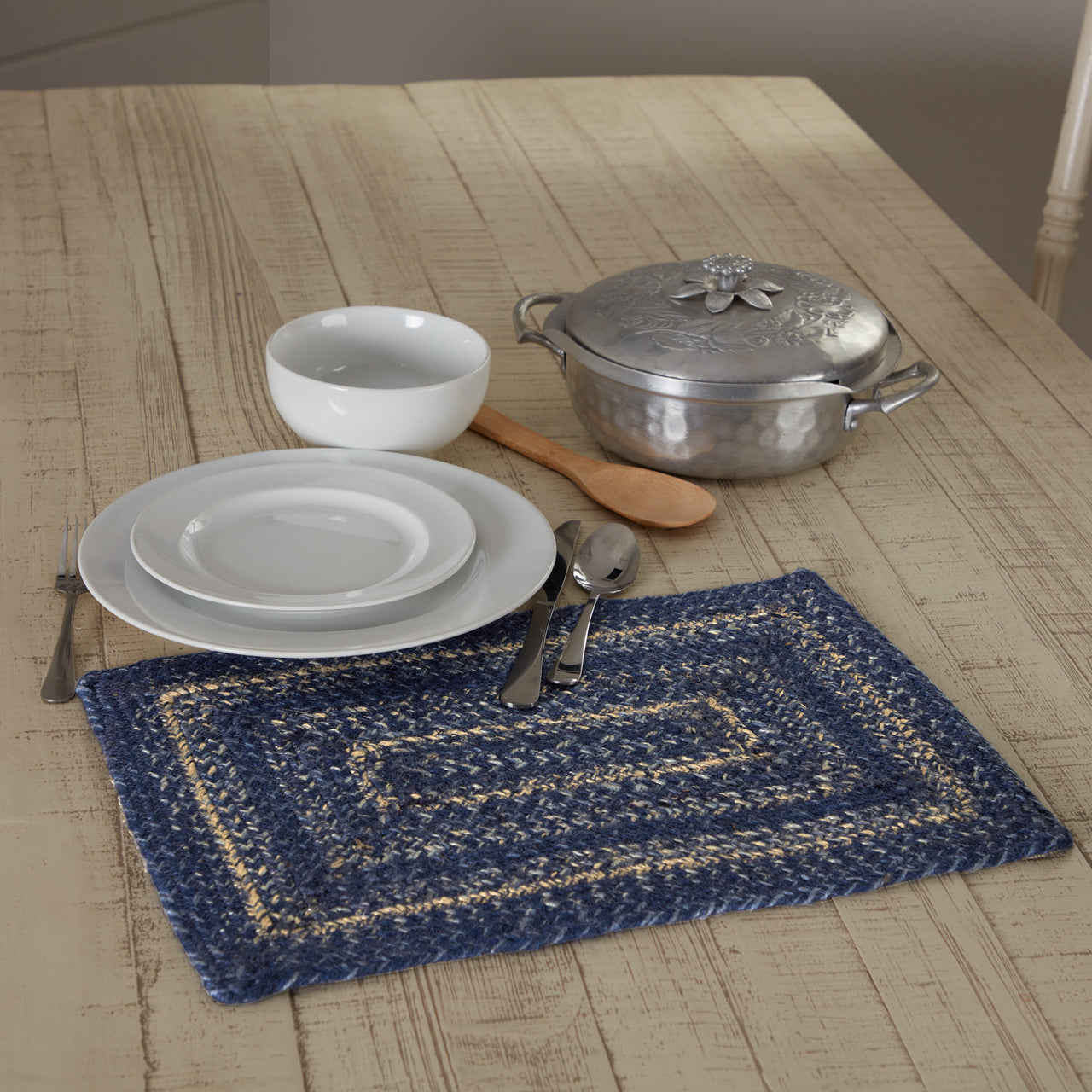 Great Falls Blue Jute Braided Rect Placemat 12"x18" VHC Brands - The Fox Decor